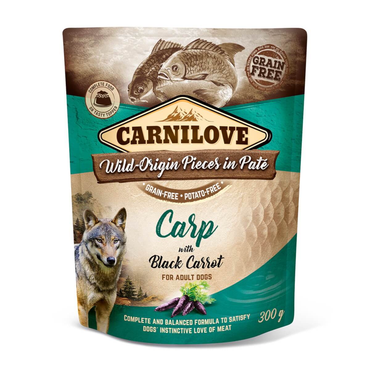 carp קרנילאב פאוץ מזון פטה מלא ונטול דגנים קרפיון וגזר שחור 300 גרם  Carnilove – תמונה 1