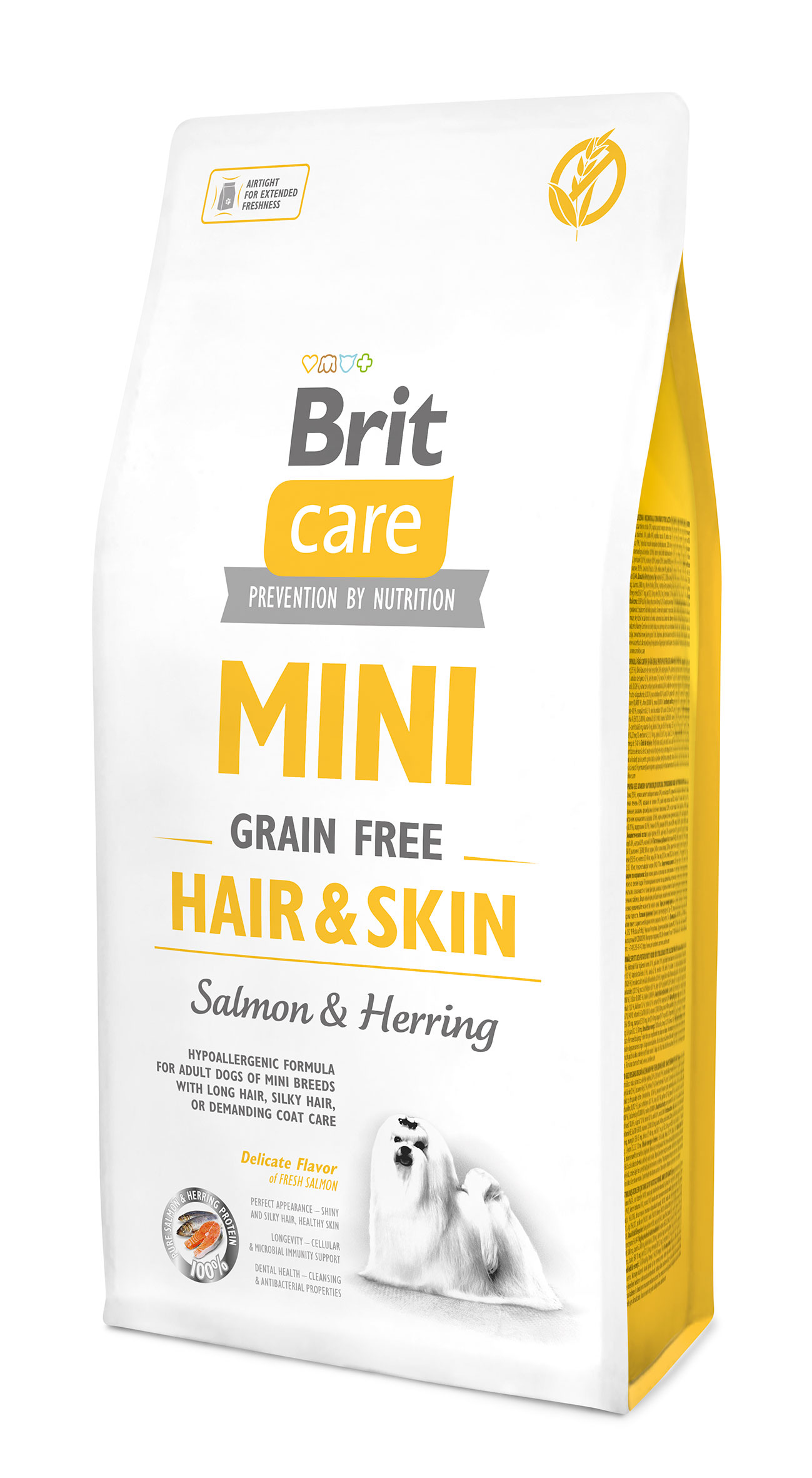 BC_mini_HairSkin_3D_7kg-2.jpg בריט קר מיני נטול דגנים בוגר עור ופרווה 7 ק"ג Brit Care – תמונה 1