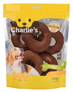 חטיף צ`רליז דונאט בקר עטוף בשר בקר 500 גרם Charlie's