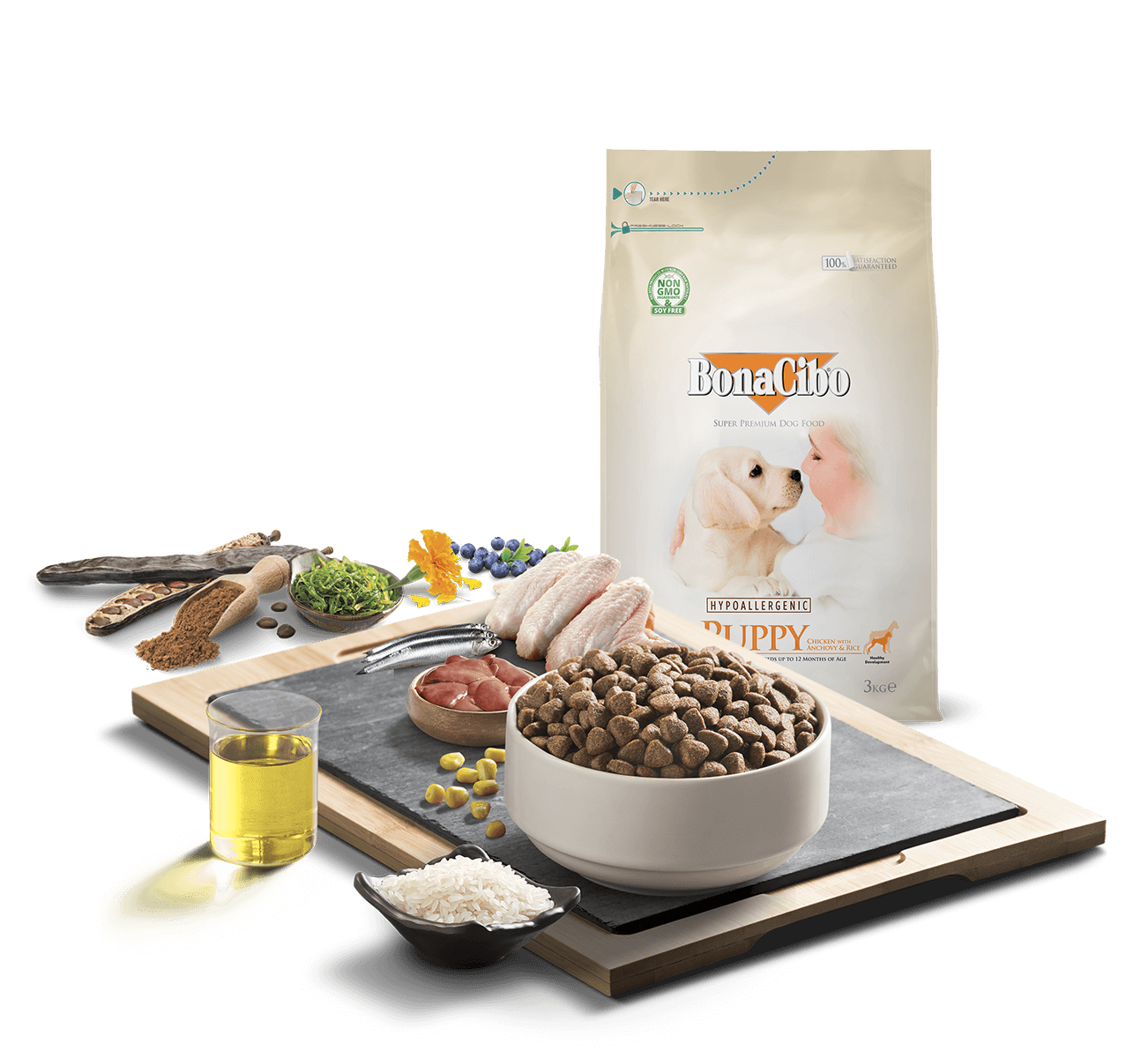 Adult-Puppy-tvk-ürün-icerik בונאסיבו לכלב גור עוף ואנשובי 3 ק"ג BonaCibo – תמונה 2